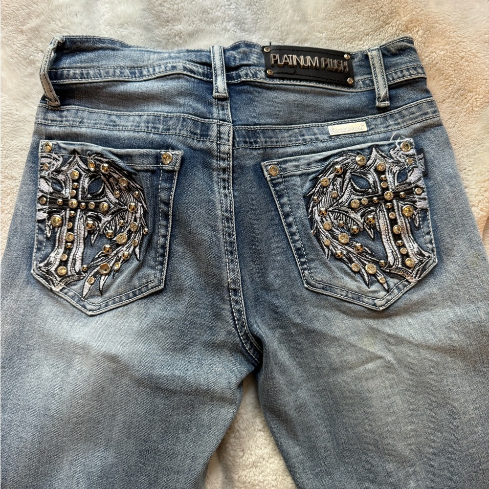 Miss Me Blue Boot Cut Jeans with Distressed Wash and Contrast Stitching